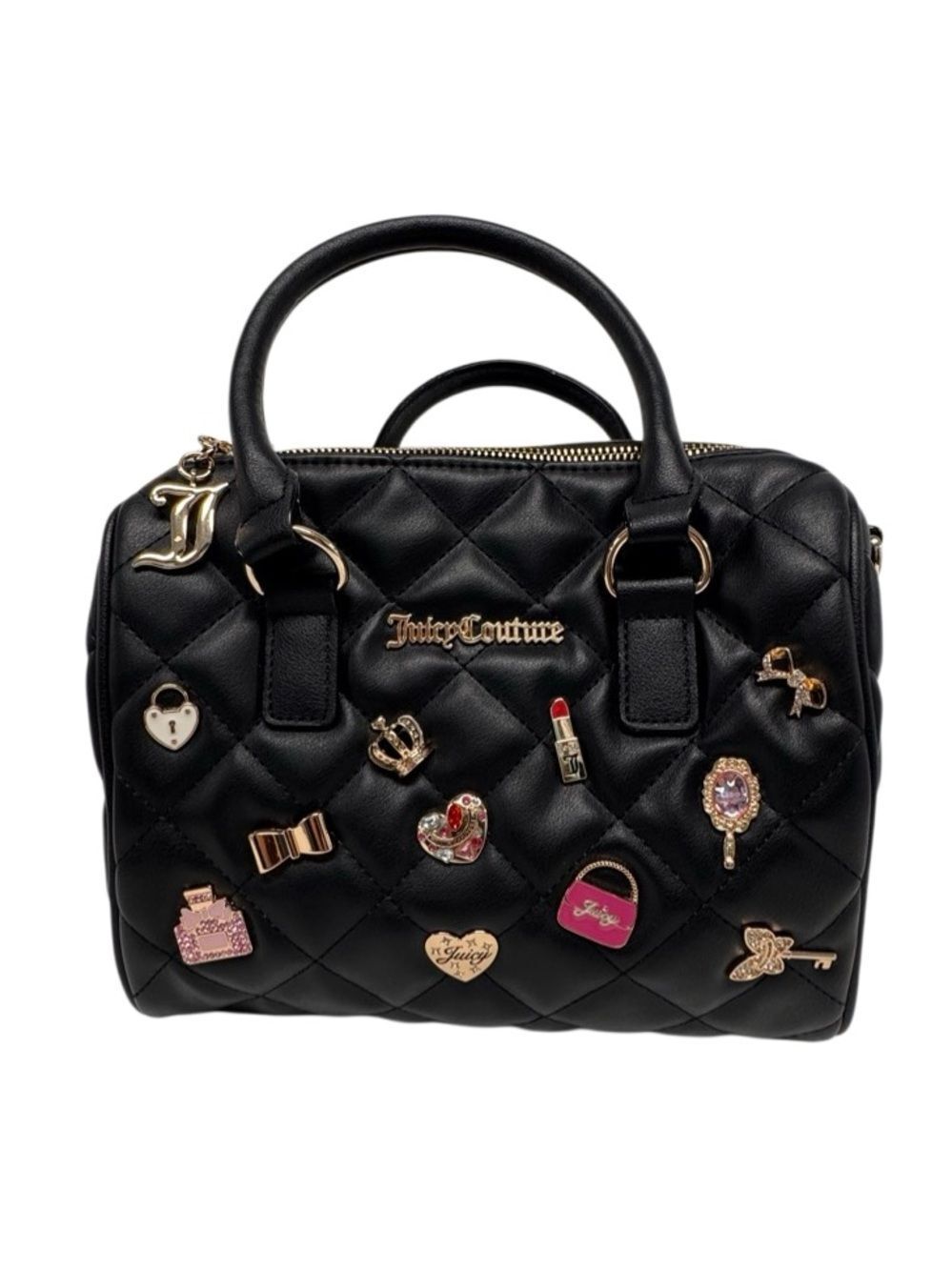 Juicy Couture Black Quilted Satchel Charms Gold Hardware Cute